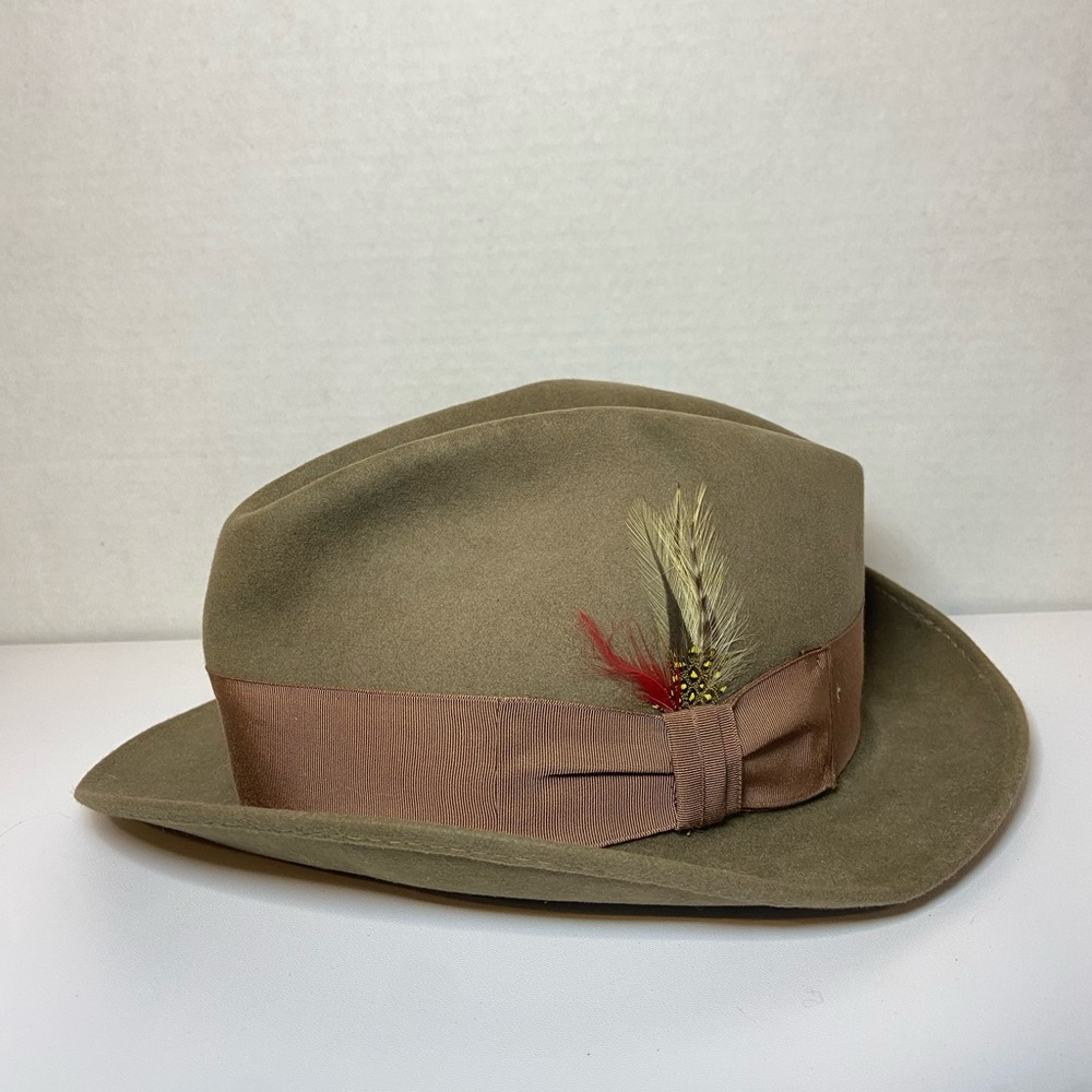 Bailey Bollman Company Brown Suede Fedora Hat with Feather Accent